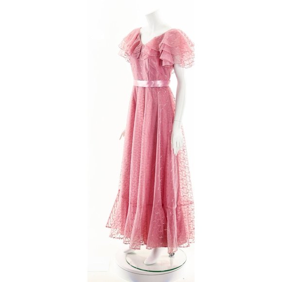 Raspberry Pink Sheer Ruffle Dress,Sheer Lace PInk Gown,60s Gone with the Wind St - Picture 10 of 10